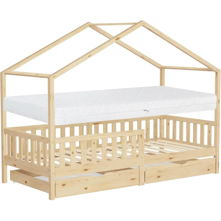 ML-DESIGN Spielbett Hausbett Kinderbett inkl. 2 Schubladen, Lattenrost und Rausfallschutz, Abenteuerbett 90x200cm mit Matratze Himmelbett Kiefer Jugendbett Natur