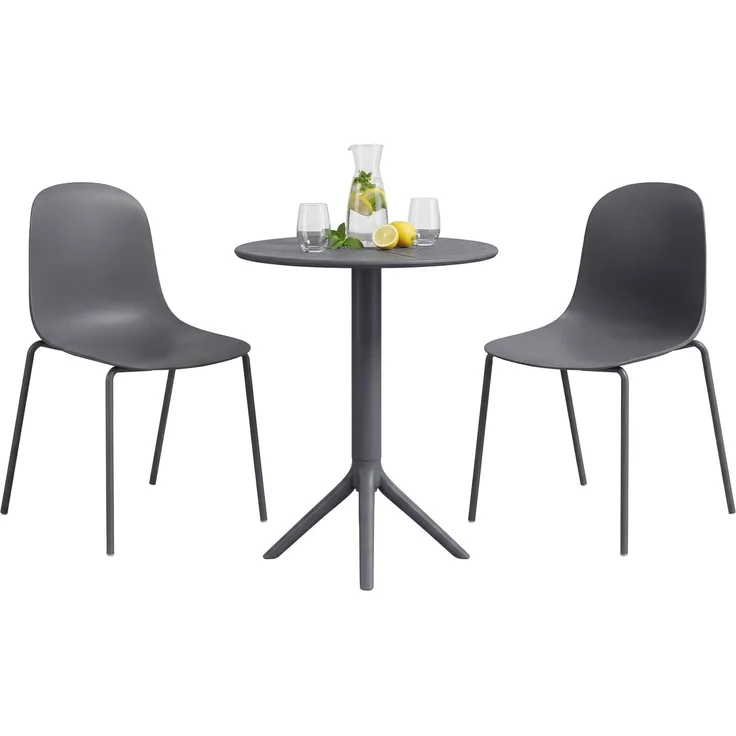 Gartenmöbel-Set ELLA mit 2 Stühlen - 162 x 60 x 85 cm, Kunststoff, Dunkelgrau | Balkonset Gartenset Tisch mit Stühlen Bistroset Outdoor
