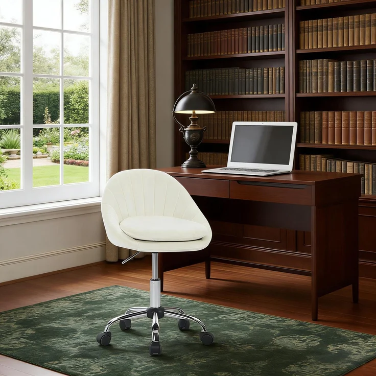 Bürostuhl 52 x 72–82 x 52 cm aus Samt und Metall, höhenverstellbar, drehbar, beige, 1 St. – Bild 3