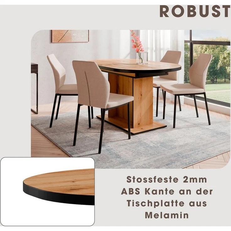 OTTO home Essgruppe Basel, Tischgruppe mit 4 Stühlen, Esstisch ausziehbar 140 - 180 cm, (Set, 5-tlg, Otto's DAUERTIEFPREIS), BESTSELLER, Sitzgruppe, Tisch, Stühle, ovale Tischplatte, Säulentisch – Bild 2