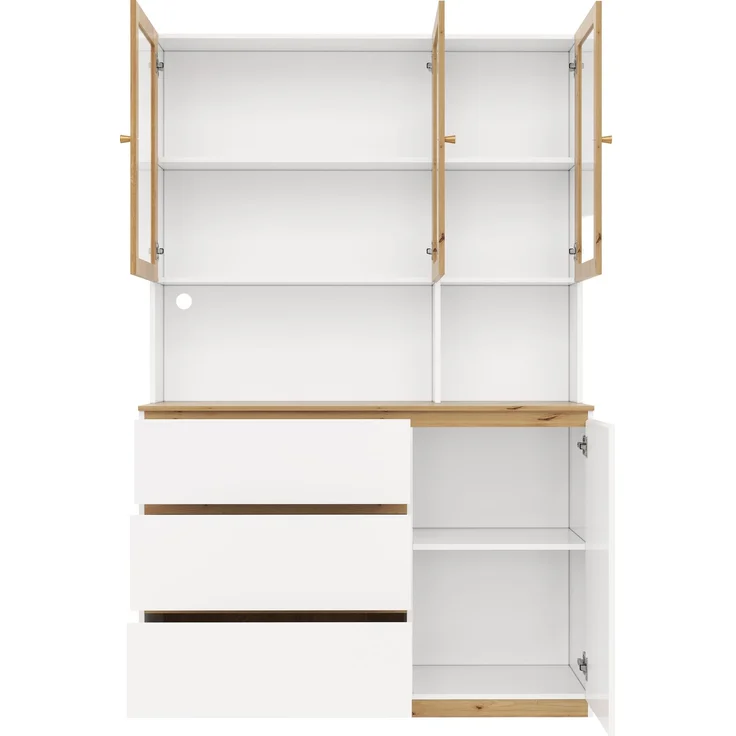 Hochschrank 200x120x24.5 cm mit LED, Glasvitrine, 3 Schubladen in Weiß/Eiche – Bild 8