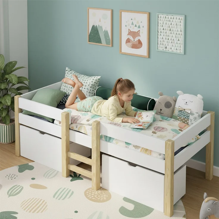 Bellabino 'Aspy' Halbhochbett 90x200 cm mit Leiter, weiß, Kinderbett mit 2 Schubladen, inkl. Rausfallschutz und Lattenrost – Bild 3