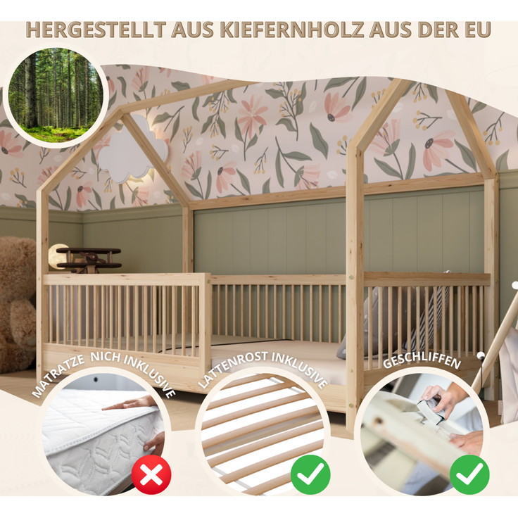 Crazy Pine 'Crazy Folly' Hausbett mit hohem Rausfallschutz, Holz natur, 90x190 cm – Bild 4