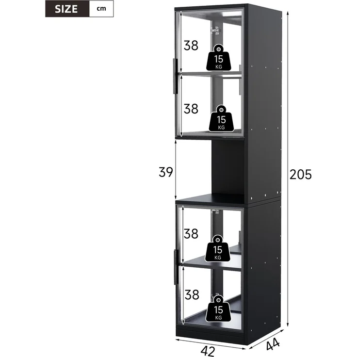 Vitrinenschrank 42 x 44 x 205 cm in Schwarz mit LED-Beleuchtung und Glastüren – Bild 5
