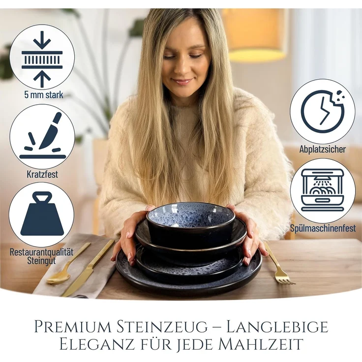 Steingut Geschirrset 6 Pers. Ibiza 24-tlg Hochwertiges Mediterranes TEST SEHR GUT Steingut Geschirr Set - Schüssel- und Teller Set - Tafelservice 6 Personen Geschirrsets Pure Living in Rauchblau – Bild 3