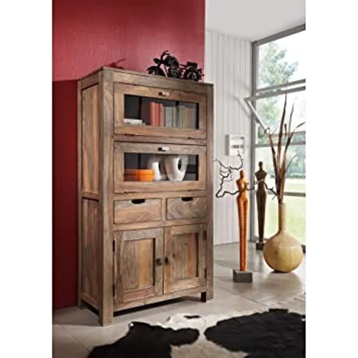 Massivmoebel24 Highboard (Highboard Sheesham 80 x 40 x 148 grau geölt NATURE GREY #60) – Bild 7
