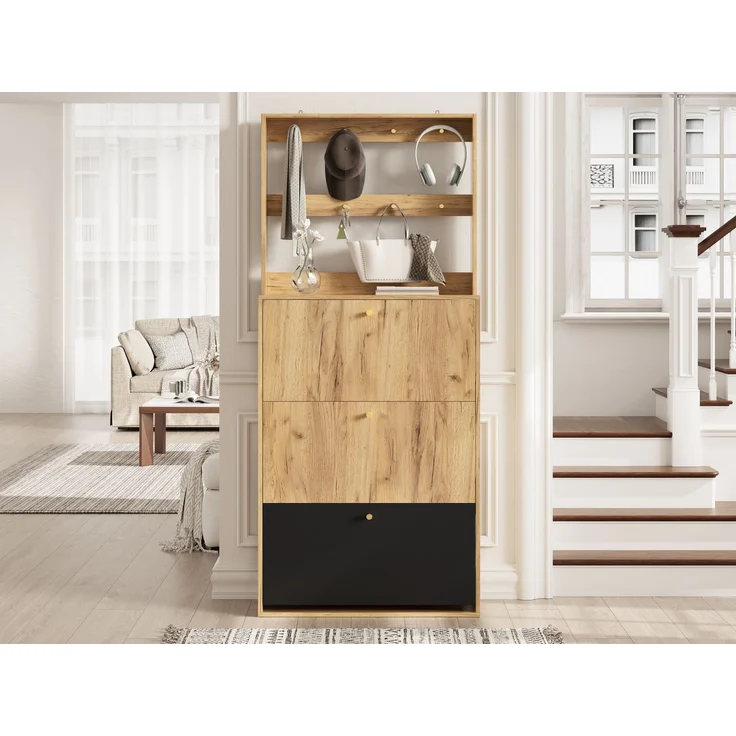 ZUBALIYA Schuhschrank (75 x 24 x 180 cm), Haken zur Aufbewahrung, Aus Spanplatte, Stauraum für Flur und Eingangsbereich, Schwarz / Naturfarben – Bild 5