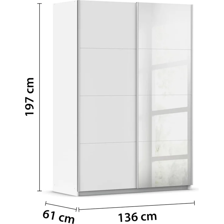 rauch Kleiderschrank, Schwebetürenschrank SUBITO, 2-türig, 1 Spiegeltüre, Alpinweiß, 136 x 197 x 61 cm – Bild 3