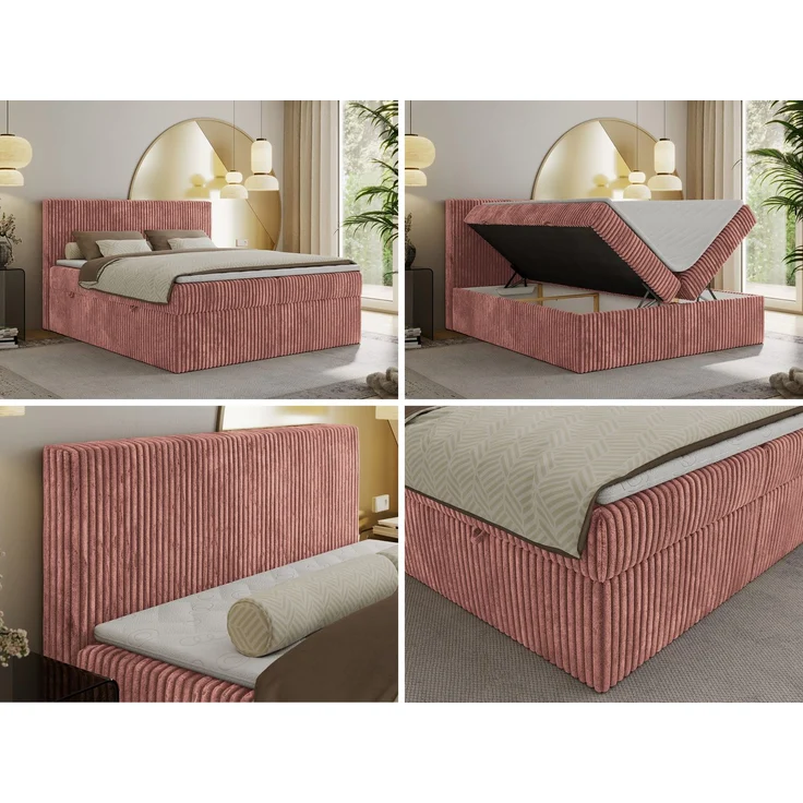 Boxspringbett mit Kopfteil und Topper T25, Cord Bett - TILIANO - 140 x 200 cm - Rosa Cord - H3 – Bild 2