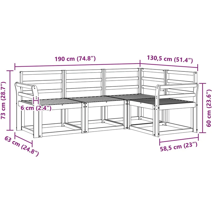 vidaXL Outdoor-Sofagarnitur 4 pcs Weiß 190 x 130,5 x 73 cm 3387558 – Bild 4