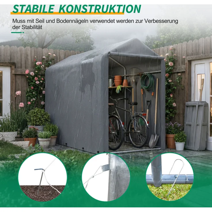LVHOM Fahrradgarage & Gerätezelt, Wasserdichtes Garagenzelt aus 170g PE, Gerätehaus inkl. Fundamentrahmen, Lagerzelt für Garten & Werkzeug, 187x100x160cm – Bild 3