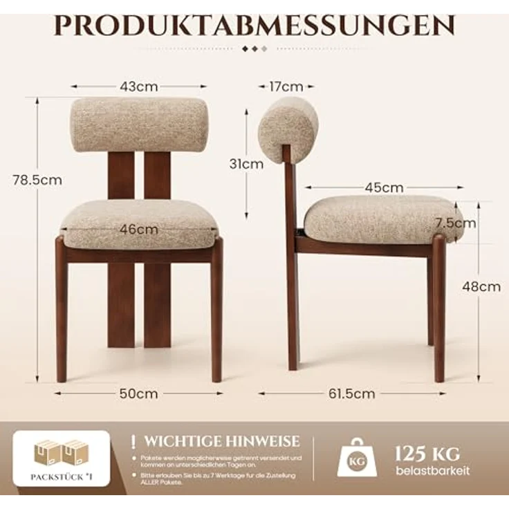 MALOL Esszimmerstühle 4er Set, Essstühle mit Holzbein, Mid-Century Modern Polsterstuhl Stoff Esstisch Stühle mit Fester Rückenlehne für Esszimmer, Küche, Restaurant, Mit dunkelbraunen Beinen, Kamel – Bild 2