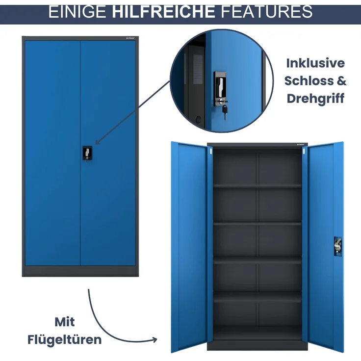 MegaDeal 4x Aktenschrank abschließbar KADO - 5 Ebenen verstellbar, Flügeltüren | Metallschrank Werkstatt Mehrzweckschrank Büroschrank aus Stahl Werkzeugschrank, 185x90x40cm Anthrazit-Blau – Bild 5