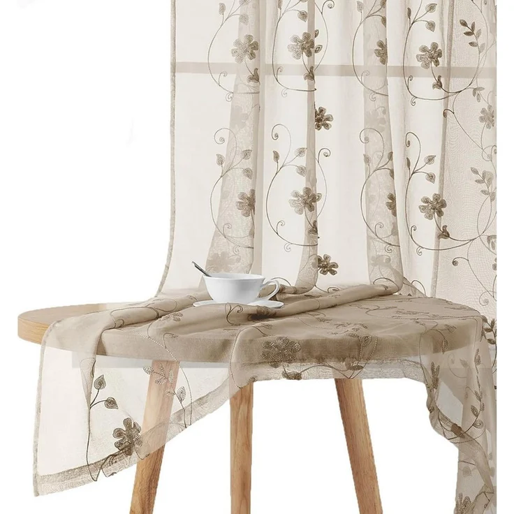 Agger Vorhang Leinen Voile Vorhänge, halbtransparente Blumenvorhänge, Blätter-Stickerei Vorhänge, geeignet für Schlafzimmer und Wohnzimmer – Bild 1