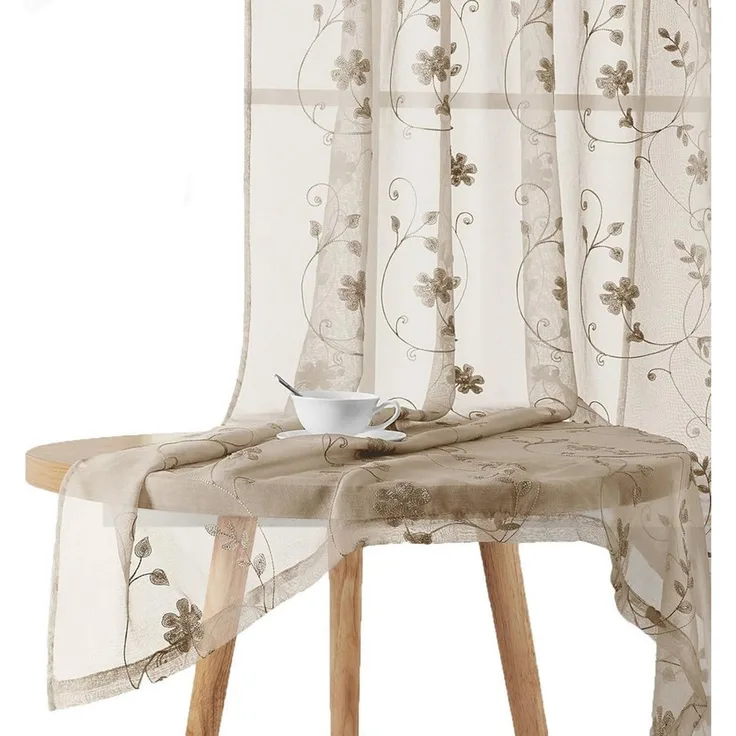Agger Vorhang Leinen Voile Vorhänge, halbtransparente Blumenvorhänge, Blätter-Stickerei Vorhänge, geeignet für Schlafzimmer und Wohnzimmer
