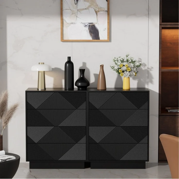 UEV Kommode mit 4 Schublanden, Sideboard, Schubladenschrank Schmal, 60x33,5x77,5cm (Sideboard für Wohnzimmer Schlafzimmer Büro Flur, Mehrzweckschrank aus Holz Beistellschrank allzweckschrank), Drucköffner/ Push to open Schubladen Aufbewahrungskommode – Bild 4