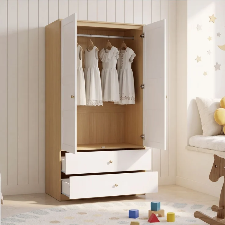 ZUBALIYA Doppeltüriger Kleiderschrank, 2-türiger Kleiderschrank, mit 2 Schubladen und Kleiderstange, Schlafzimmermöbel, Garderobenschrank, Kleiderschrank mit Kleiderstange, 100 x 48 x 180 cm,Weiß und Holzoptik – Bild 13