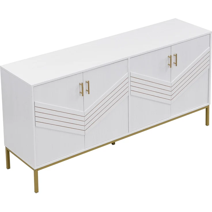 ZUBALIYA Sideboard 160x40x80,5 cm, mit verstellbaren Einlegeböden, mit 4 Türen, aus MDF, Weiß / Holzfarben – Bild 24