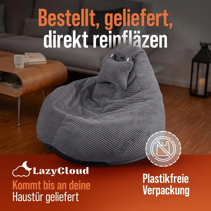 LazyCloud Sitzsack für Erwachsene mit integrierter [Nackenstütze] Cord | XXL Indoor Bean Bag mit Füllung | perfekt als Chill-, Lese- oder Gaming Sessel (90 x 80 x 70 cm) (Anthrazit) – Bild 4