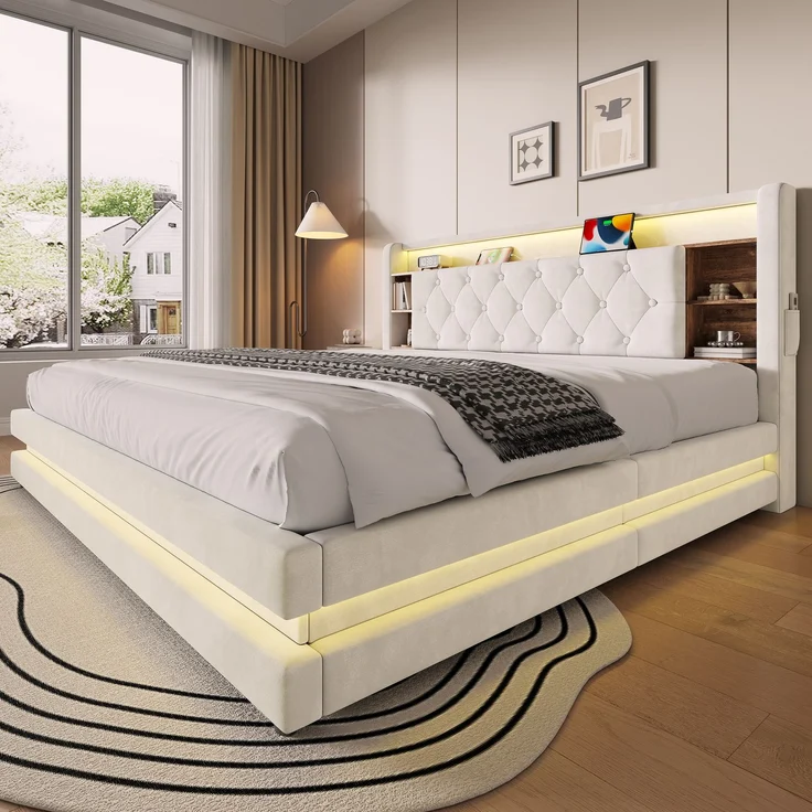 TavilaEcon Boxspringbett Samtbett, Polsterbett mit LED-Beleuchtung & USB-Ladefunktion beige Liegefläche 180 × 200 cm – Bild 8