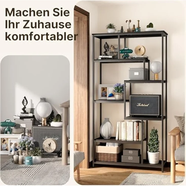 Bealife Offene Bücherregale Bodenstehende Bücherregale Regal Stahlrahmen, Küchenregal Aufbewahrungsmöbel schwarzes Wohnzimmermit 5 Ablagen Aufbewahrungsschrank – Bild 7