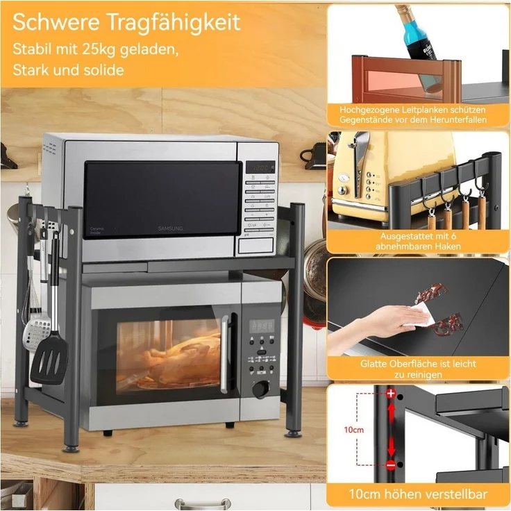 Rhein Beleuchtung Küchenregal Verstellbares Mikrowellenregal, Karbonstahl-Mikrowellenhalter, Küchenaufbewahrungsorganizer mit 6 Haken – Bild 3