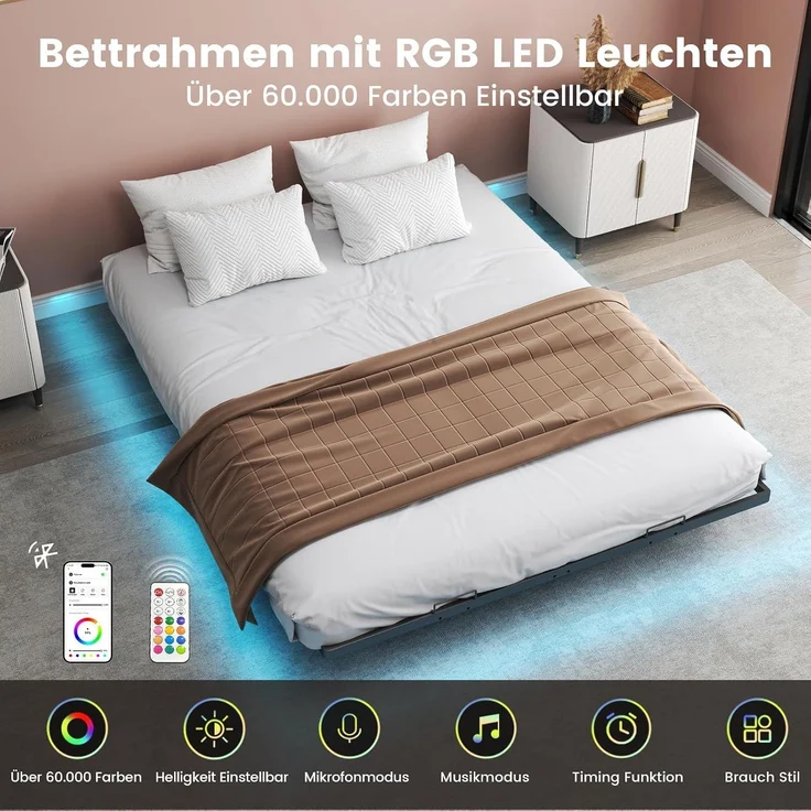 COMHOMA Bettrahmen Metallbett Gästebett Bettgestell aus Metall, mit LED & Steckdosen, Jugendbett 120x190, App & Fernbedienung, stabile Konstruktion mit Lattenrost, 180 kg – Bild 5