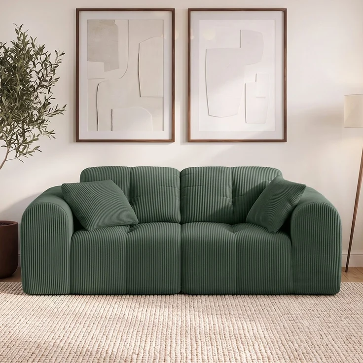 skølm 'Vanaheim' Sofa 2 Sitzer mit 2 Kissen, Cloud Sofa dunkelgrün, Cord, Vollschaumcouch mit Federkern und Vakuum-Kompression, kein Aufbau erforderlich – Bild 1
