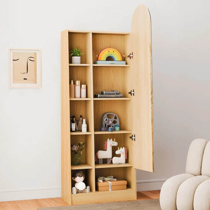 LVHOM Dielenschrank mit Ganzkörperspiegel 165cm hoch, Multifunktionaler Spiegelschrank aus Holz, schmaler Badezimmerschrank mit verstellbaren Böden, Natur – Bild 3