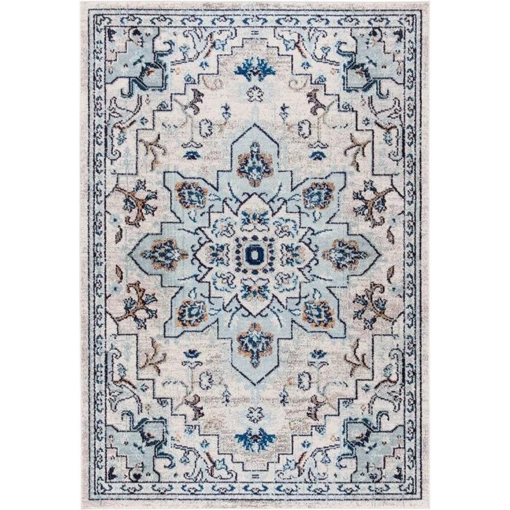 SAFAVIEH Boho Teppich für Wohnzimmer, Esszimmer, Schlafzimmer - Madison Collection, Kurzer Flor, Elfenbein und Hellblau, 91 X 152 cm