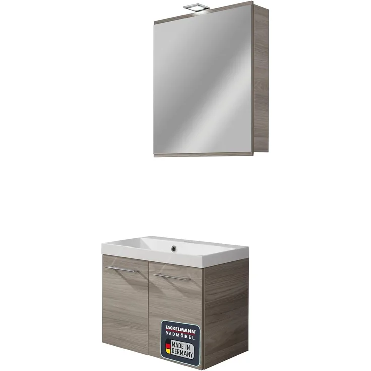 FACKELMANN LIMA Waschtisch Set mit Spiegelschrank 60 cm breit, Braun, Waschbecken Gussmarmor Weiß
