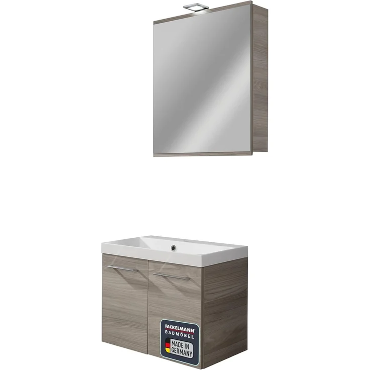 FACKELMANN LIMA Waschtisch Set mit Spiegelschrank 60 cm breit, Braun, Waschbecken Gussmarmor Weiß – Bild 1