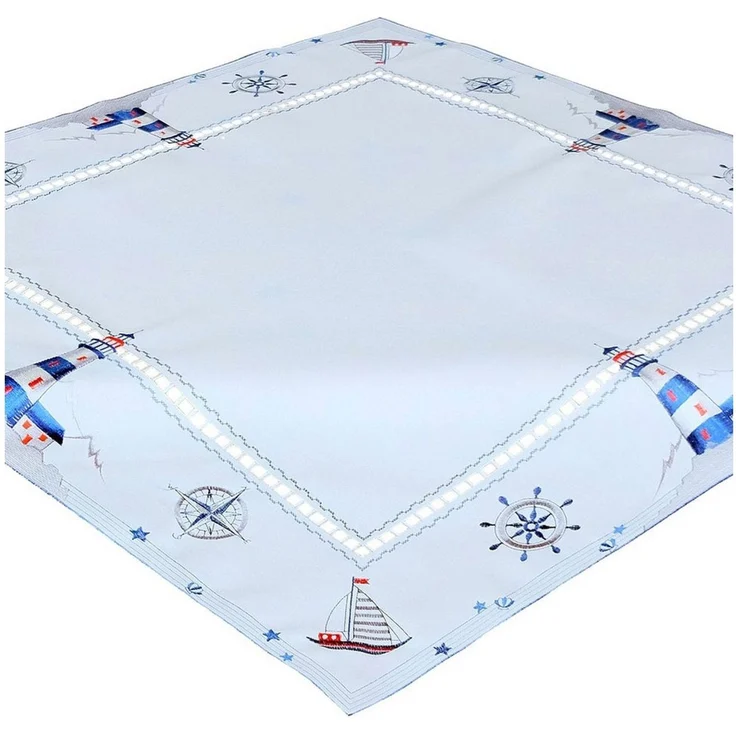 matches21 HOME & HOBBY Tischdecke Tischdecke VALERIE Leuchtturm & Kompass Stick Polyester weiß 85x85 cm (1-tlg), Pflegeleicht & waschbar bei 30 °C – Bild 1