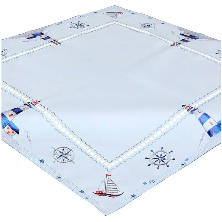 matches21 HOME & HOBBY Tischdecke Tischdecke VALERIE Leuchtturm & Kompass Stick Polyester weiß 85x85 cm (1-tlg), Pflegeleicht & waschbar bei 30 °C