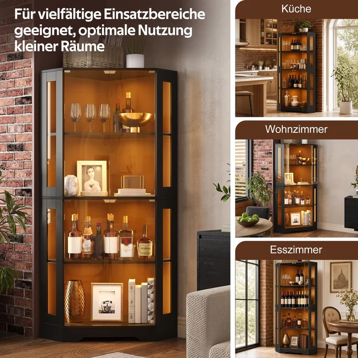 Merax 165 cm Glasvitrinenschrank mit LED, 4-stufiger Sicherheitsglas-Eckschrank, moderner Weinschrank, Schwarz – Bild 7