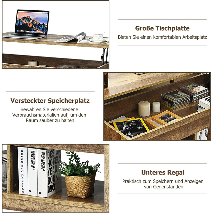 COSTWAY Couchtisch höhenverstellbar, Sofatisch Beistelltisch mit Ablagefach, Sofatisch aus Holz, Kaffeetisch Teetisch für Wohnzimmer Balkon Flur (Natur) – Bild 2