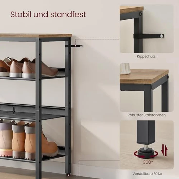 VASAGLE Schuhregal, Schuhablage, 4 Ebenen, große Oberfläche, verstellbare Gitterablagen, platzsparend für Eingangsbereich Flur, Metall, Industrie-Stil, honigbraun-tintenschwarz LBS040K01 – Bild 9