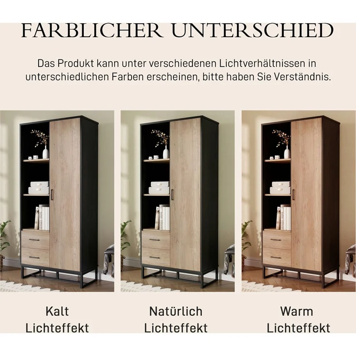 Moderner Highboard Schrank 80x40x180 cm – Holzoptik mit schwarzem Rahmen, mit Tür, 2 Schubladen & 3 offenen Fächern – Vielseitiger Stauraum für Wohnzimmer, Büro & Flur--Schwarz, Holz--80x40x180cm--YOUDENOVA – Bild 9