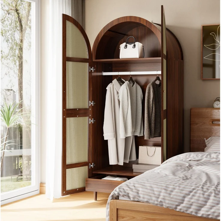 DESVIAE Garderobenschrank Walnuss aus MDF/Spanplatte – 80x179x50 cm – Rattantüren, Schubladen – Bild 3