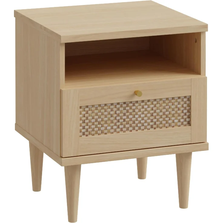 FORTE Calasetta Nachttisch 45 cm Boho Stil Wiener Geflecht Nachtschrank mit Schublade Holz Dekor: Elegancia Eiche/Technorattan, klein schmal, 45 cm breit x 54,5 cm hoch x 41 cm tief – Bild 1