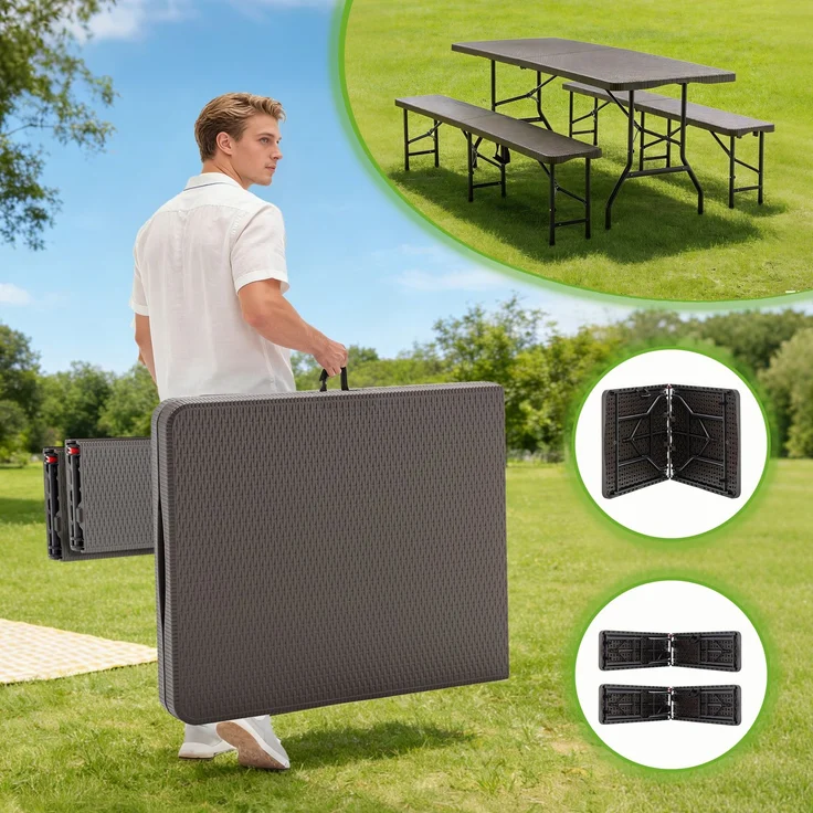 6ft Klappbarer Picknicktisch mit 2 Bänken, 3-teiliges Camping Set, HDPE Tischplatte mit Baummuster, Sicherheitsverriegelung, UV- & wasserbeständig, Braun – Bild 6