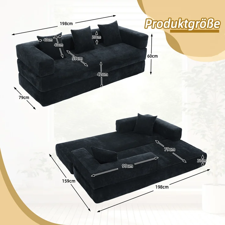 LVHOM Schlafsofa 3 sitzer, Klappsofa mit Schlaffunktion, Bodensofa, Schlafcouch aus Chenille-Stoff, frei Kombination, 198x79x60 cm – Bild 7