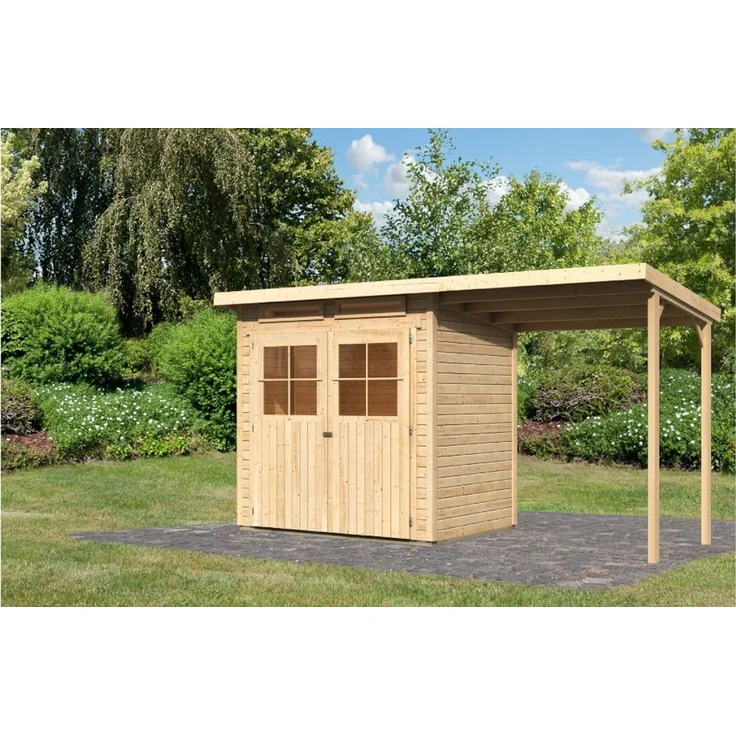 Karibu Gartenhaus 19 mm Glücksburg 2 mit Anbau 374 x 214 cm unbehandelt – Bild 1