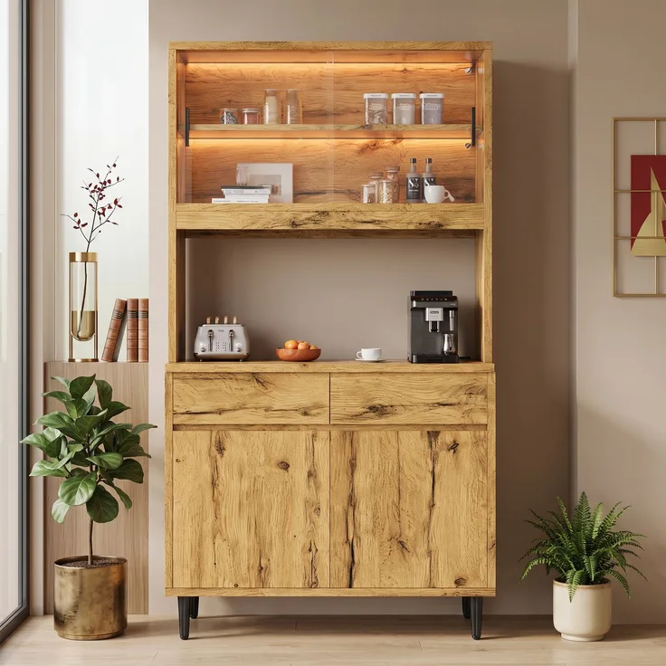 Merax Buffetschränke, Esszimmer-Hochschrank 100*40*185 cm, mehrstufigem Stauraum, integrierter Steckdose sowie USB-C- und USB-A-Anschlüssen,Mit farbigem Lichtstreifen, Eichenfarbe