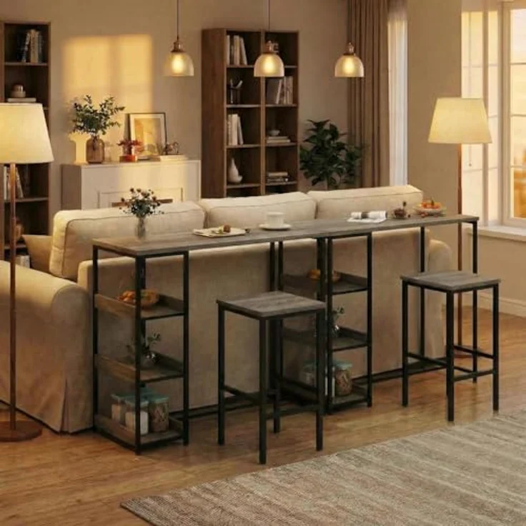 Essgruppe Mit 2 Barhockern & Aufbewahrungsregal | 3-Tlg. Esstisch Set Aus Eisen Und Holz Für Kleine Küchen & Apartments | Küchentisch Mit Ablagefächern, Platzsparendes Esstisch Set Für Beengte Räume – Bild 3