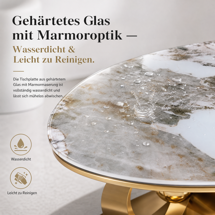 EINHOM Luxuriöser Ovaler Couchtisch mit Weißer Marmoroptik-Tischplatte, Moderner Sofatisch für Wohnzimmer mit Goldenem Edelstahlgestell und Eleganter Glasoberfläche, Stilvoller Kaffeetisch für Wohnräume – Bild 6