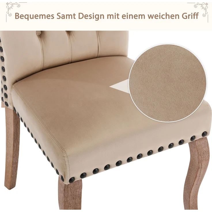 2er Set Esszimmerstuhl Samt gepolstert Massivholz mit Kupfernägeln, modernes Design, komfortabler Sessel,Helles Kamel – Bild 8