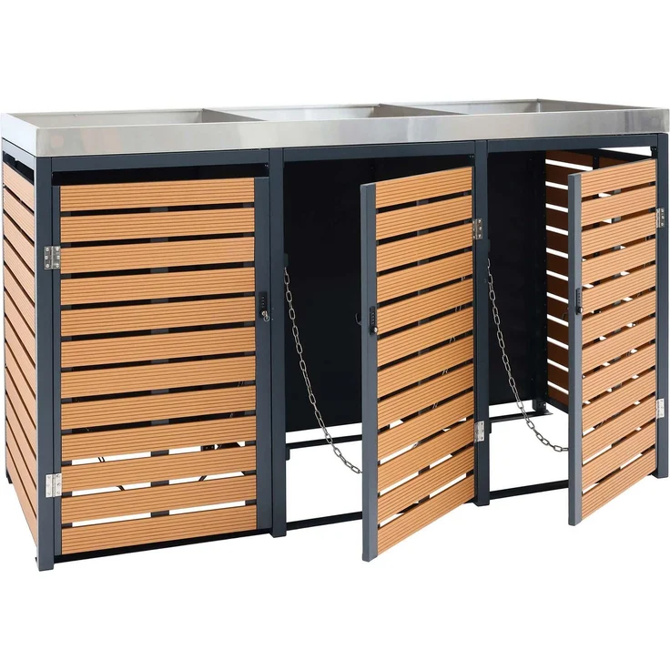 3er Mülltonnenverkleidung HWC-K14, Mülltonnenbox mit Pflanzkasten, 124x200x84cm WPC Edelstahl 107kg ~ Teak-Optik – Bild 10