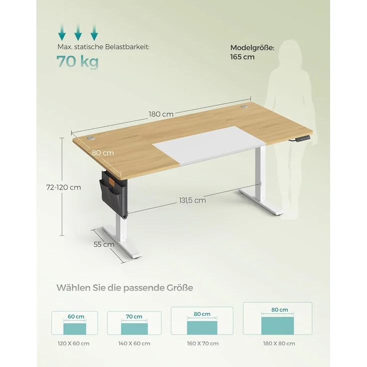 SONGMICS Höhenverstellbarer Schreibtisch elektrisch, 180x80 cm, stufenlos verstellbar, Memory-Funktion mit 4 Höhen, USB-C-Anschluss, natureichenfarben-mattweiß LSD028YD02 – Bild 2
