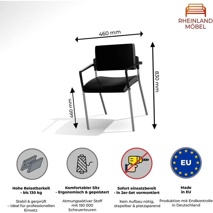 Rheinland Möbel Solido 2er Set Besucherstühle 4-Fuß mit Armlehne – verchromtes Gestell, bis 130 kg belastbar, stapelbar, GS-geprüft, schwarz – Bild 2